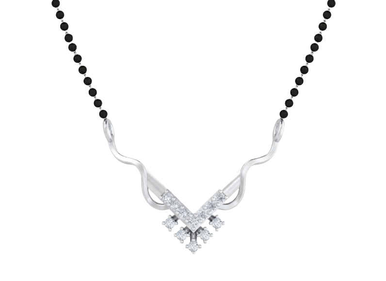 White gold mangalsutra with black beads on a white background