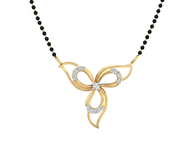 Yellow Gold and diamond butterfly mangalsutra on a black beaded against a white background