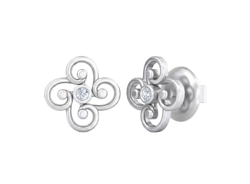 White gold and diamond floral stud earring on a white background