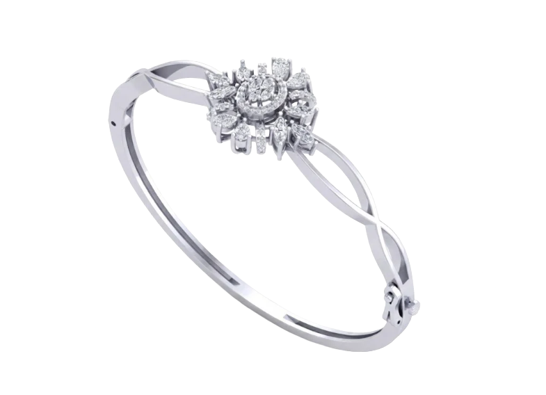 White gold bangle bracelet with diamond cluster centerpiece in starburst design, featuring twisted band detail and safety clasp.