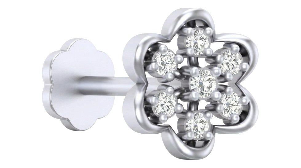 white gold and diamond stud nose pin on a white background
