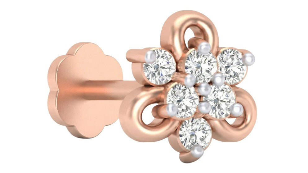 rose gold and diamond stud nose pin with floral design on a white background