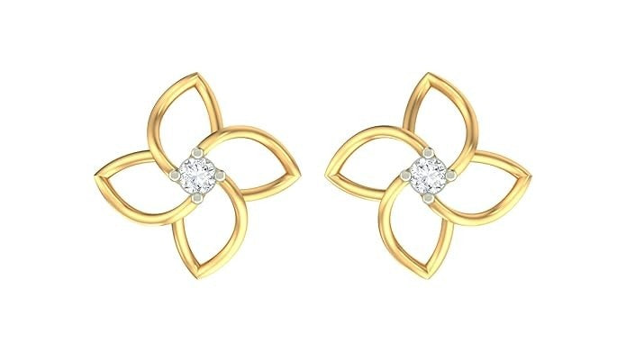 Yellow gold and diamond floral stud earring on a white background.