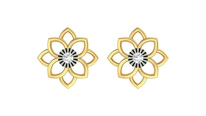 Yellow gold and diamond floral stud earring on a white background.