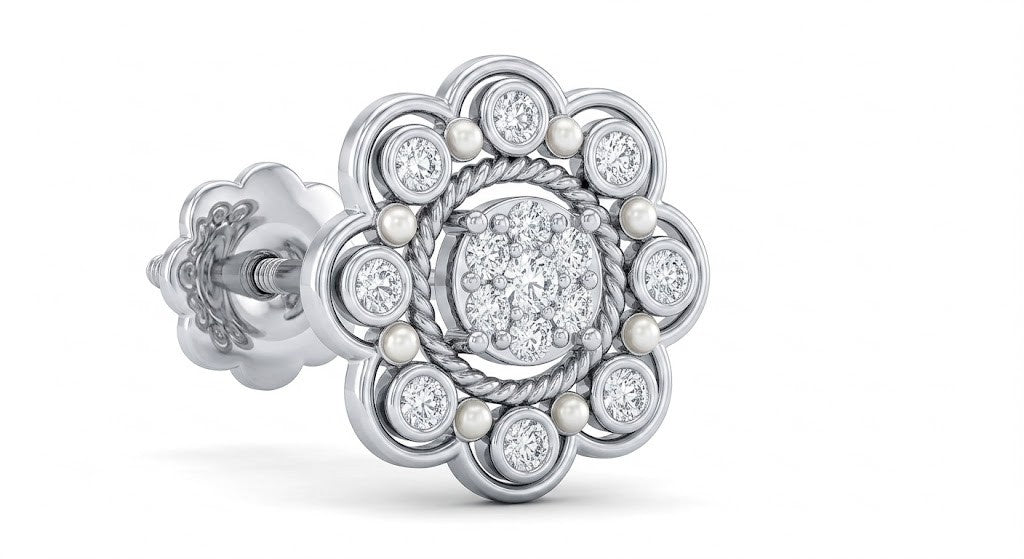 White gold nosepin with diamond accents on a white background