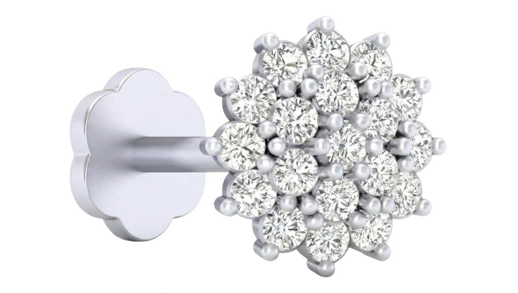 white gold and diamond stud nose pin with diamond cluster on a white background
