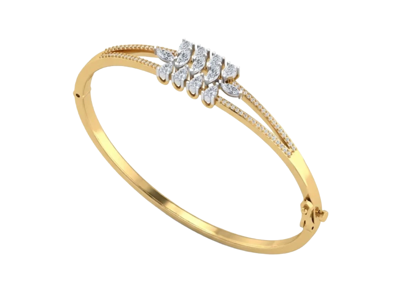 Yellow gold bangle bracelet with marquise and round diamond cluster centerpiece in leaf motif, featuring beaded edge band and safety clasp.