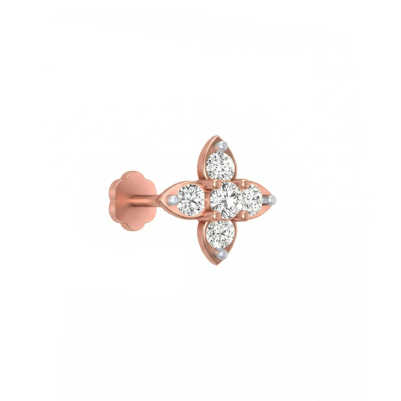 rose gold and diamond stud nose pin with diamond accents on a white background