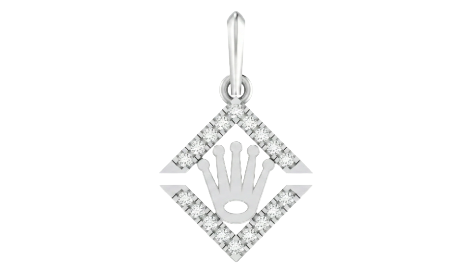 Diamond-studded white gold pendant with a hand design on a white background