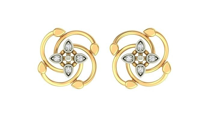 Yellow gold and diamond earrings with floral design on a white background.