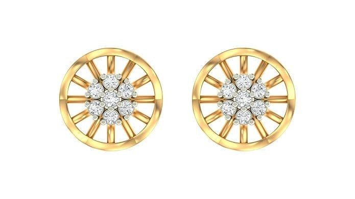 Yellow gold and diamond round-shaped earring on a white background.