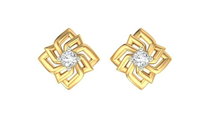 Yellow gold and diamond swirl stud earrings on a white background.