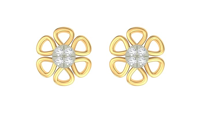 Yellow gold an diamond floral stud earrings  white background.
