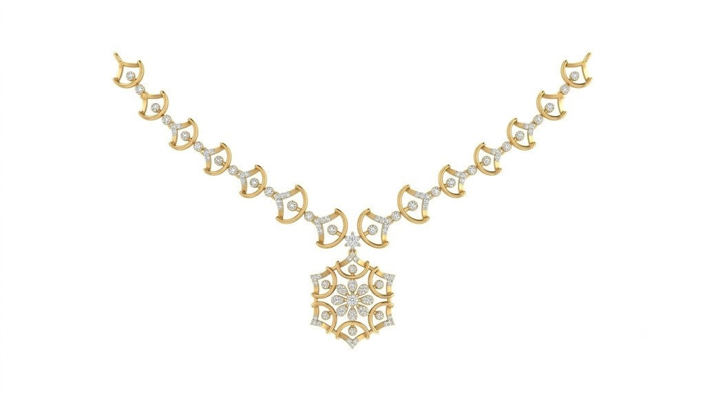 A yellow gold and diamond necklace featuring a central geometric, displayed on a solid white background.
