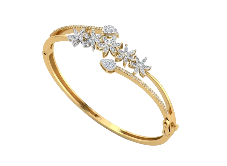 Gold bangle bracelet with cascading diamond floral clusters and a pavé-set band.