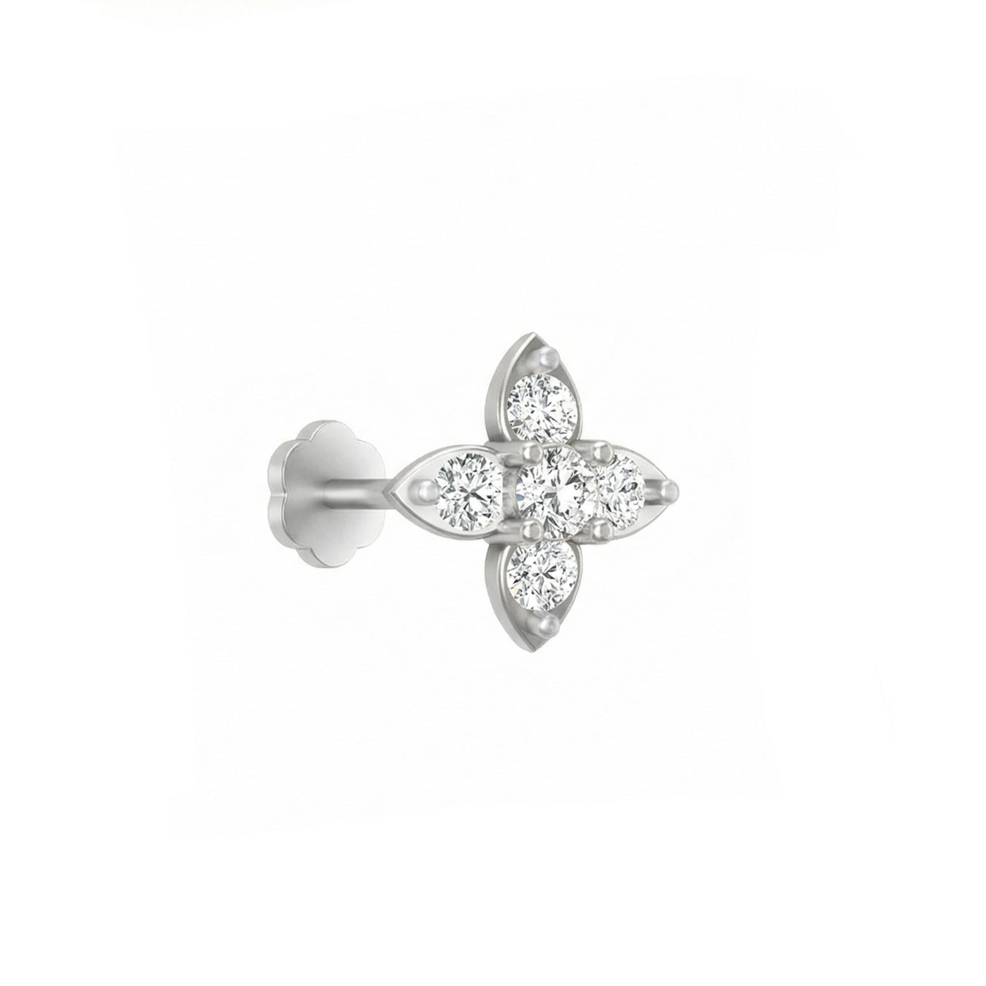 white gold and diamond stud nose pin with diamond accents on a white background