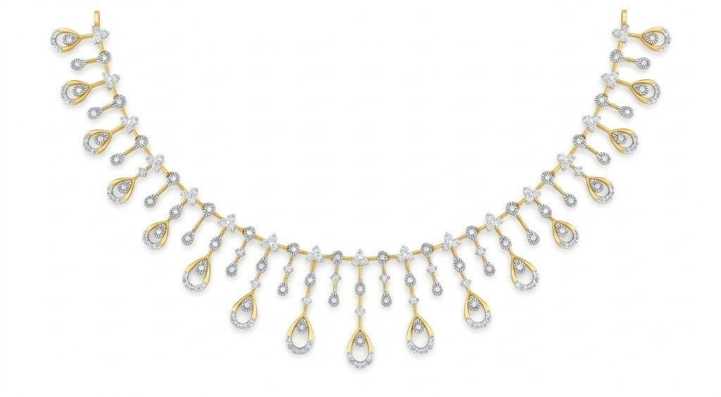 A yellow gold and diamond necklace featuring a series of teardrop-shaped dangling drops, displayed against a solid white background.