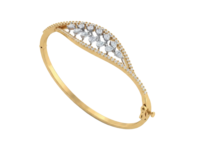 Elegant gold bangle bracelet with marquise diamond open-lattice design and pavé border.