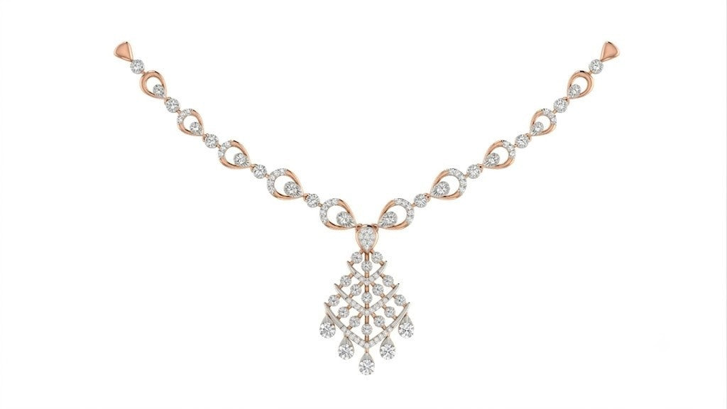 A rose gold and diamond necklace with teardrop shaped, displayed on a solid white background.
