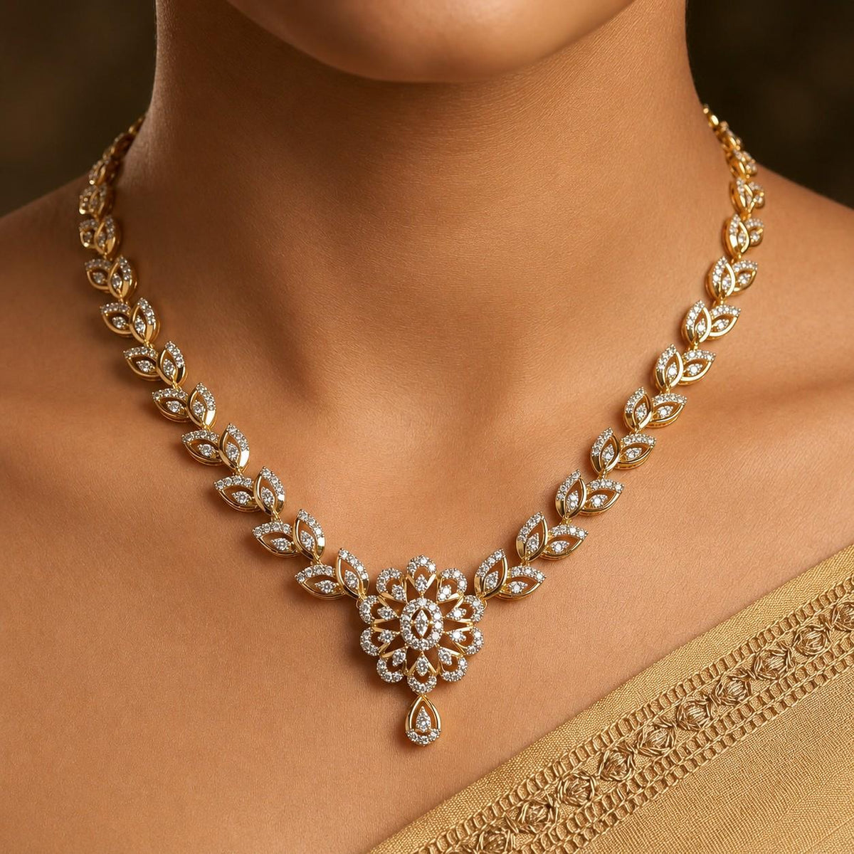 Women wearing a gold and diamond necklace set