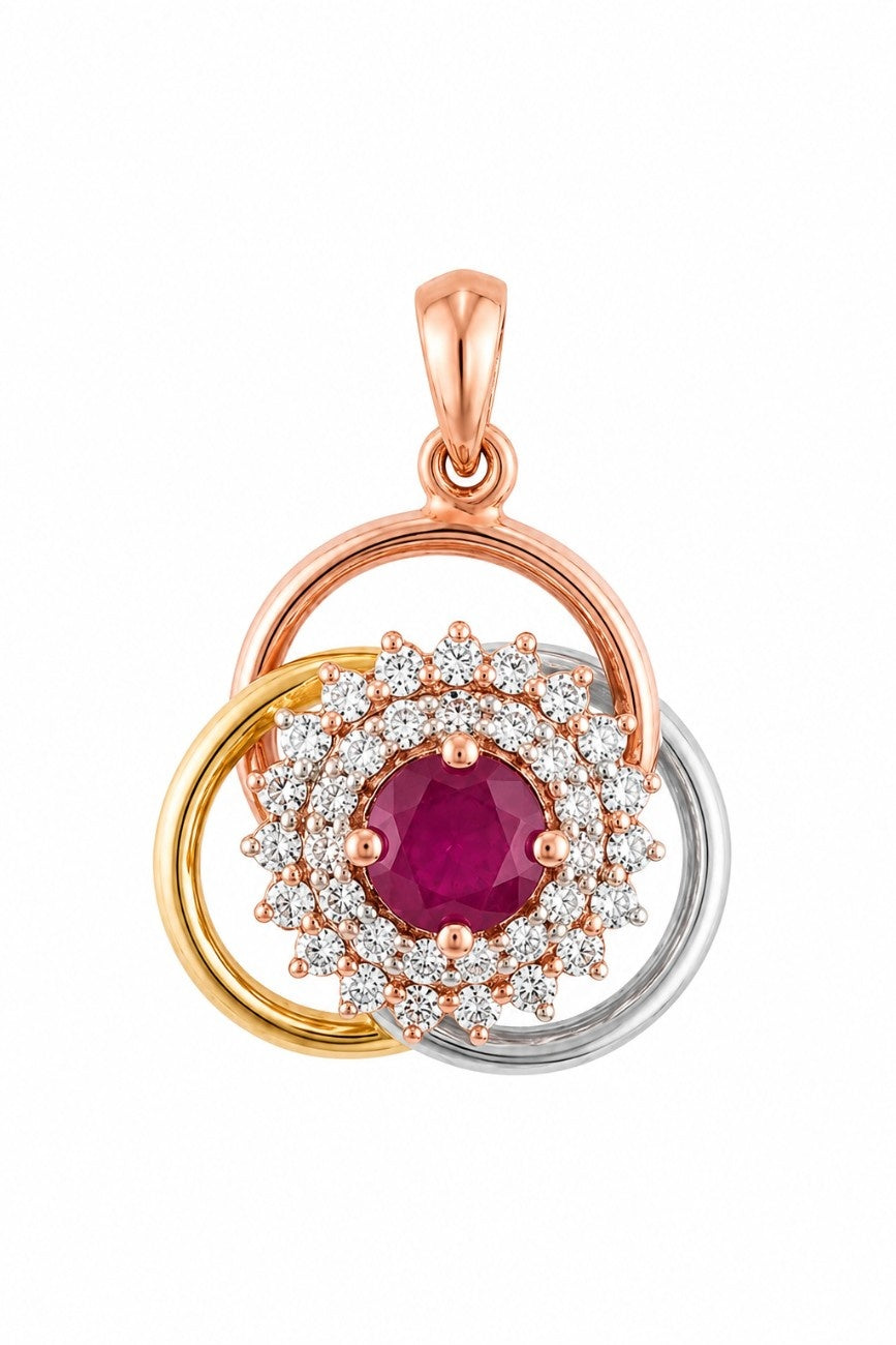 Tri-color gold pendant with a red gemstone and diamond accents on a white background