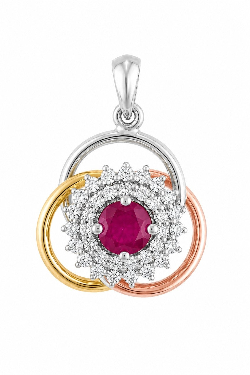 Tri-color gold pendant with a red gemstone and diamond accents on a white background