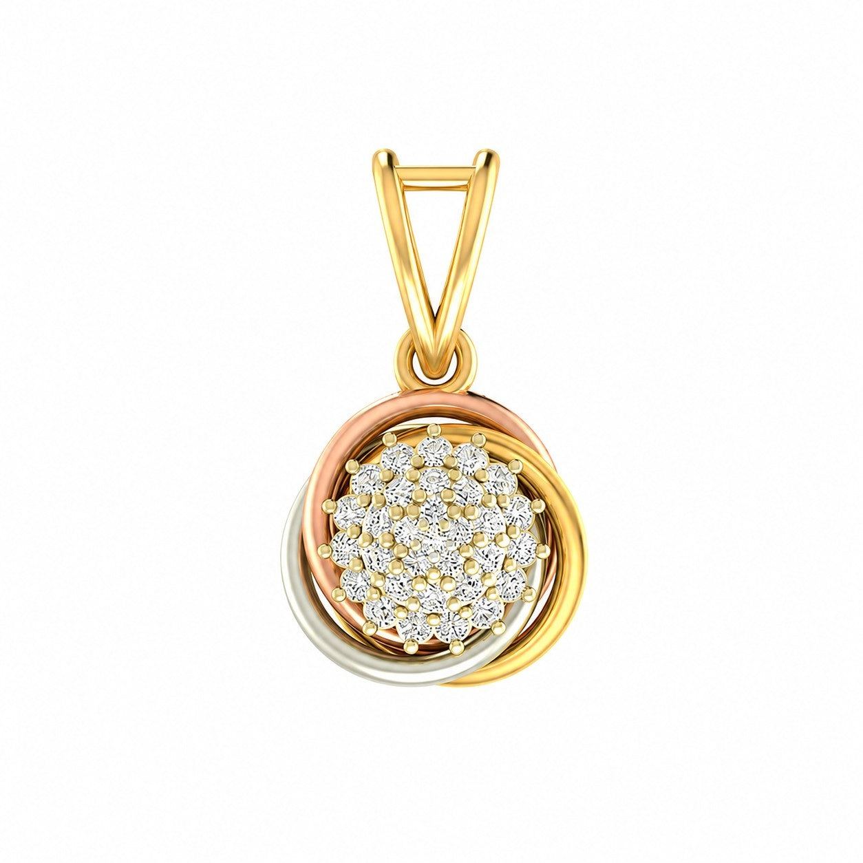Yellow gold pendant with diamond cluster on a white background