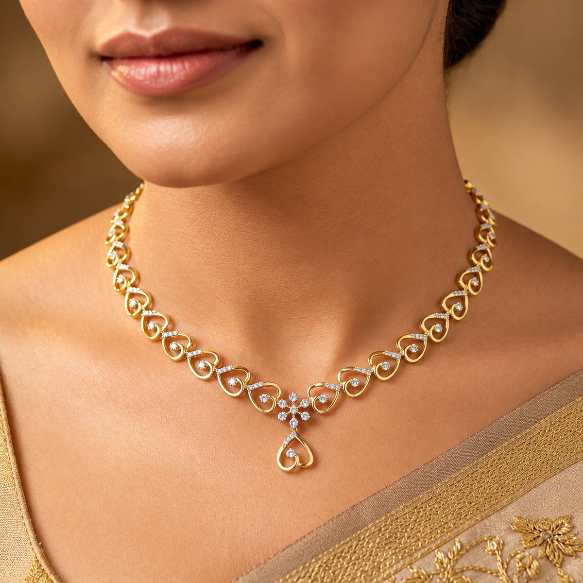 Women wearing a gold and diamond necklace 