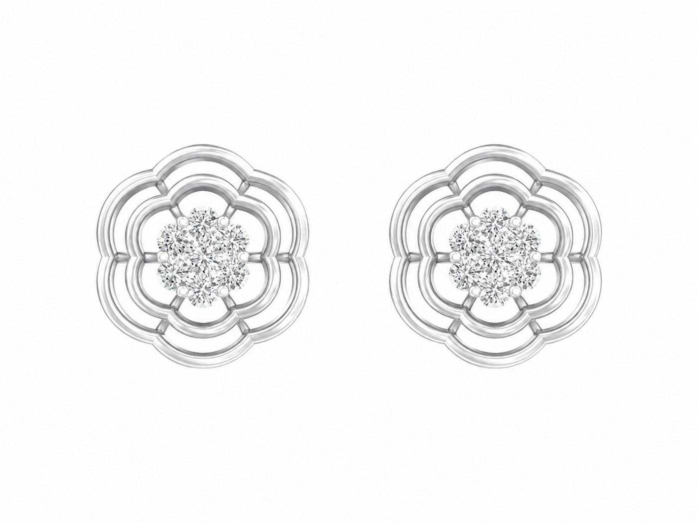 White gold and diamond  stud earrings with floral design on a white background