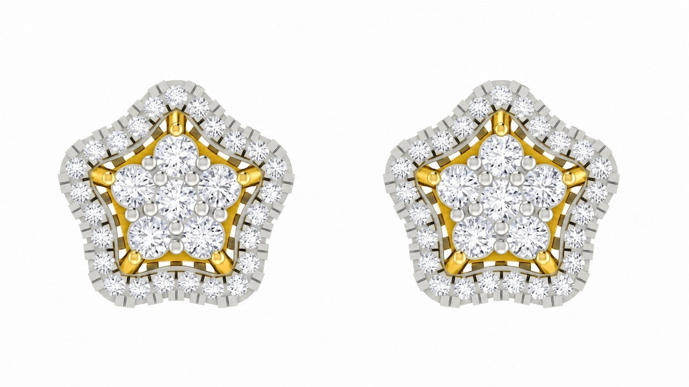 Star-shaped earrings with yellow gold and diamond detailing on a white background