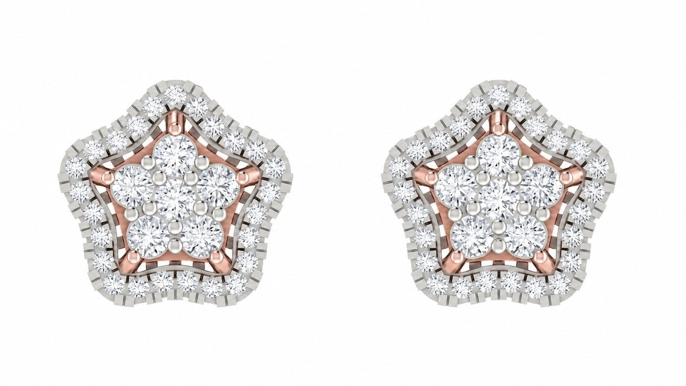 Star-shaped earrings with rose gold and diamond detailing on a white background