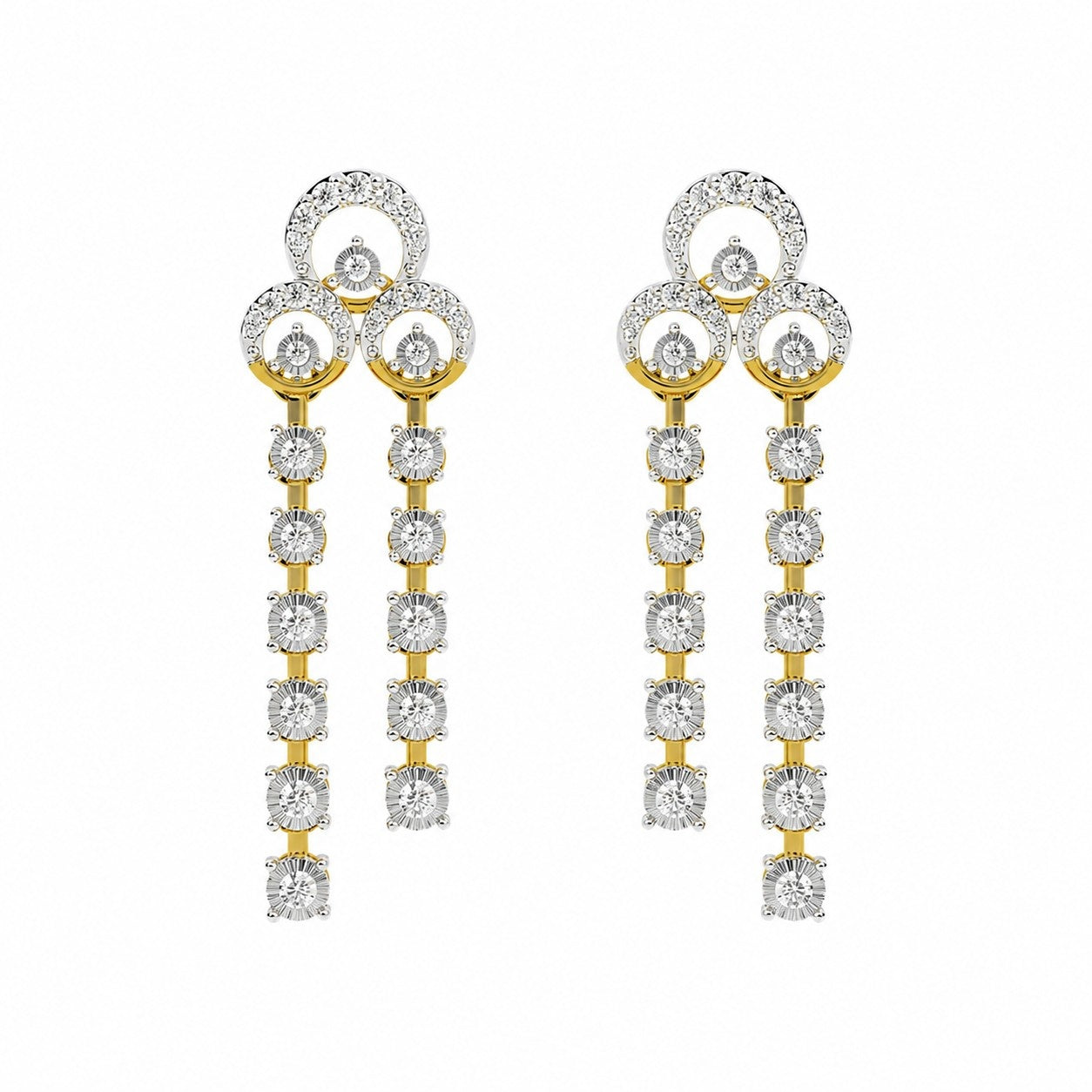 A pair of yellow gold earrings with multiple diamond accents along the length of each earring, featuring a timeless design.