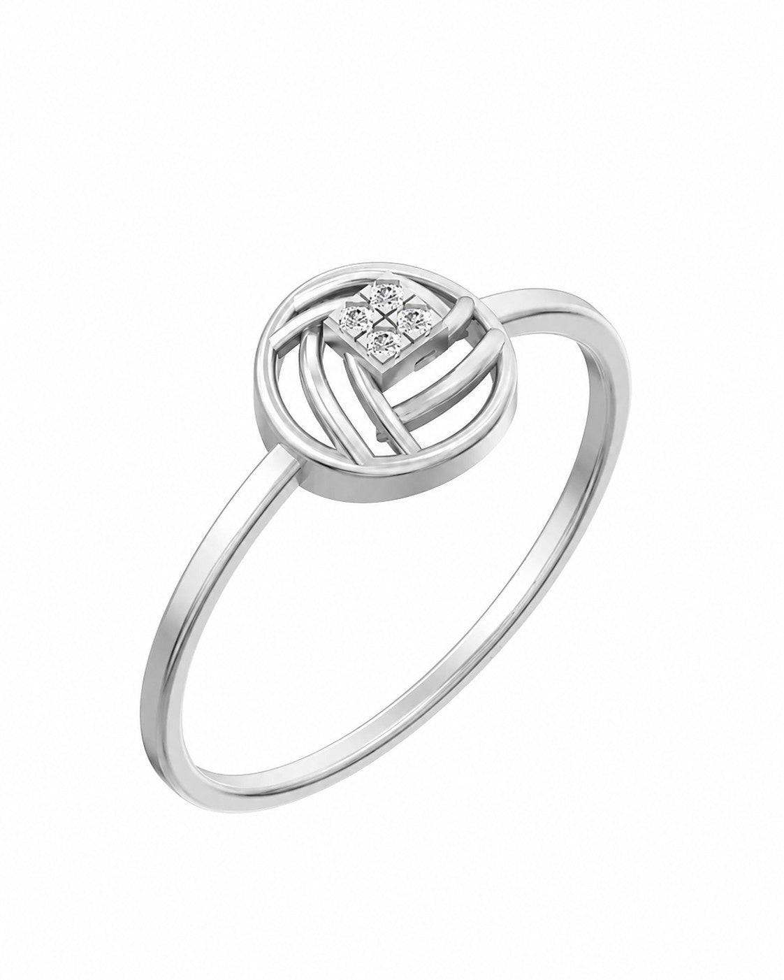 A thin white gold ring featuring a circular, interwoven gold centerpiece with a small square setting