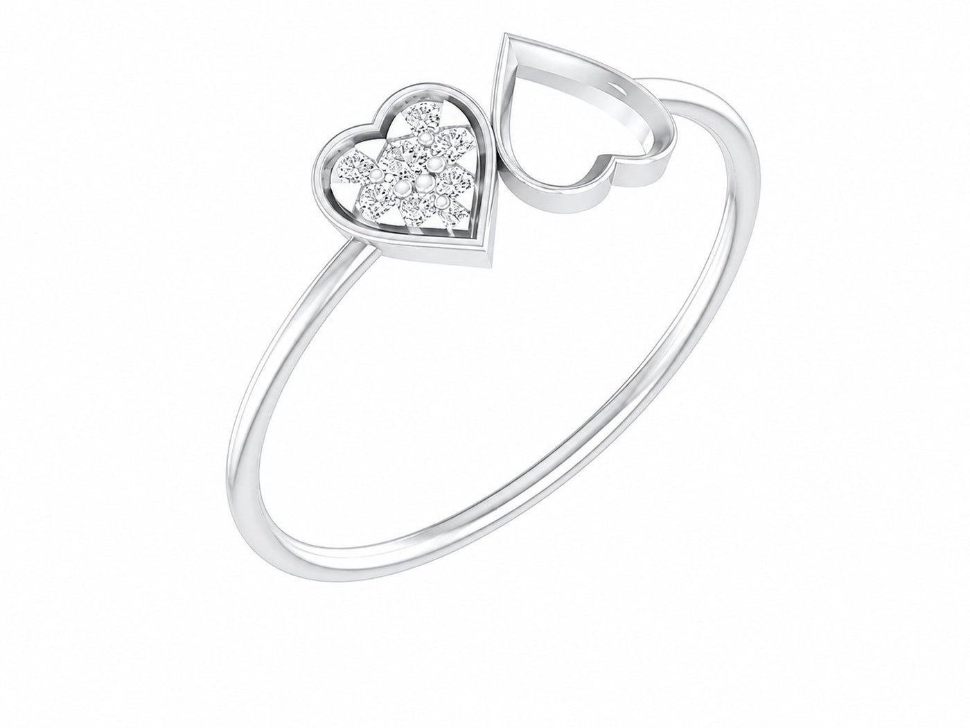 White gold heart-shaped ring with embedded diamonds on a white background