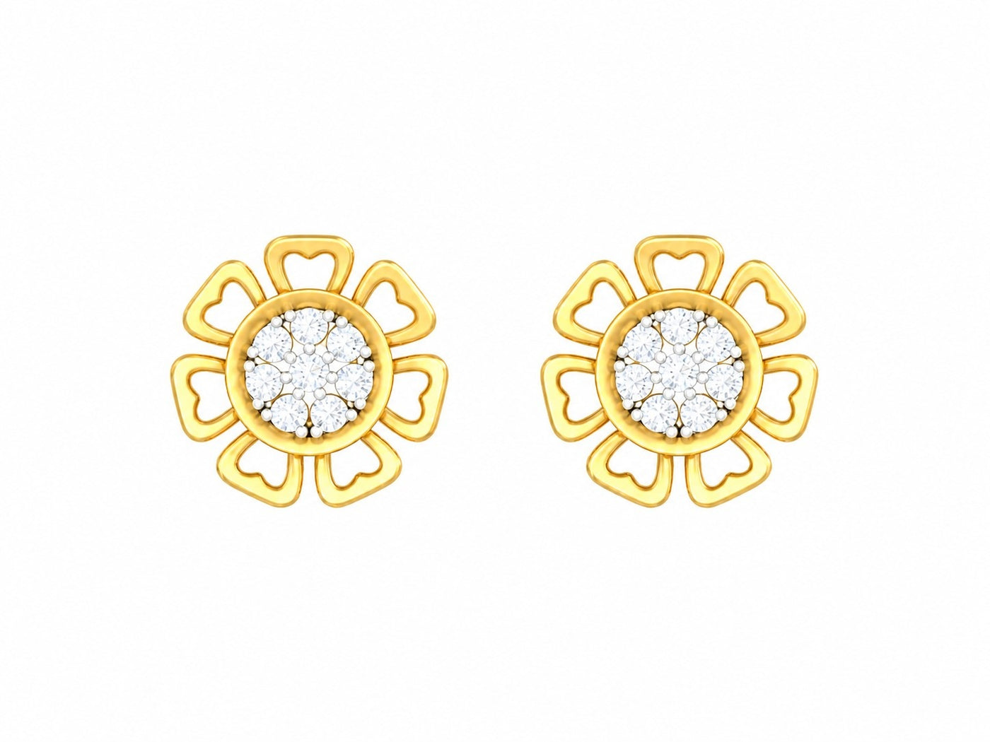 Yellow gold and diamond stud earring with floral-design on a white background.