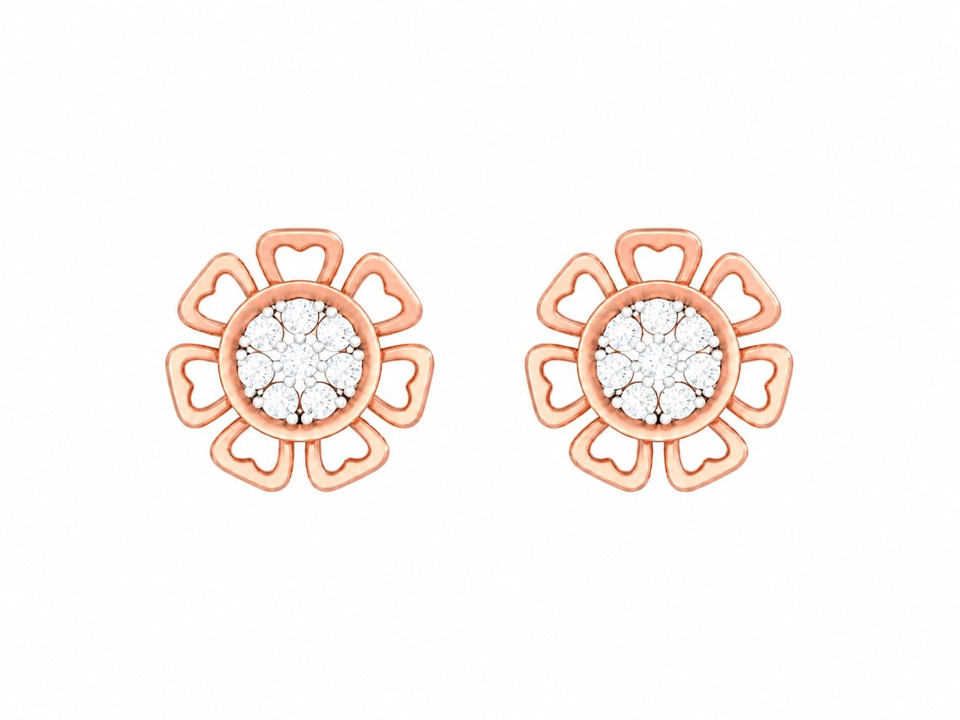 Rose gold and diamond stud earring with floral-design on a white background.