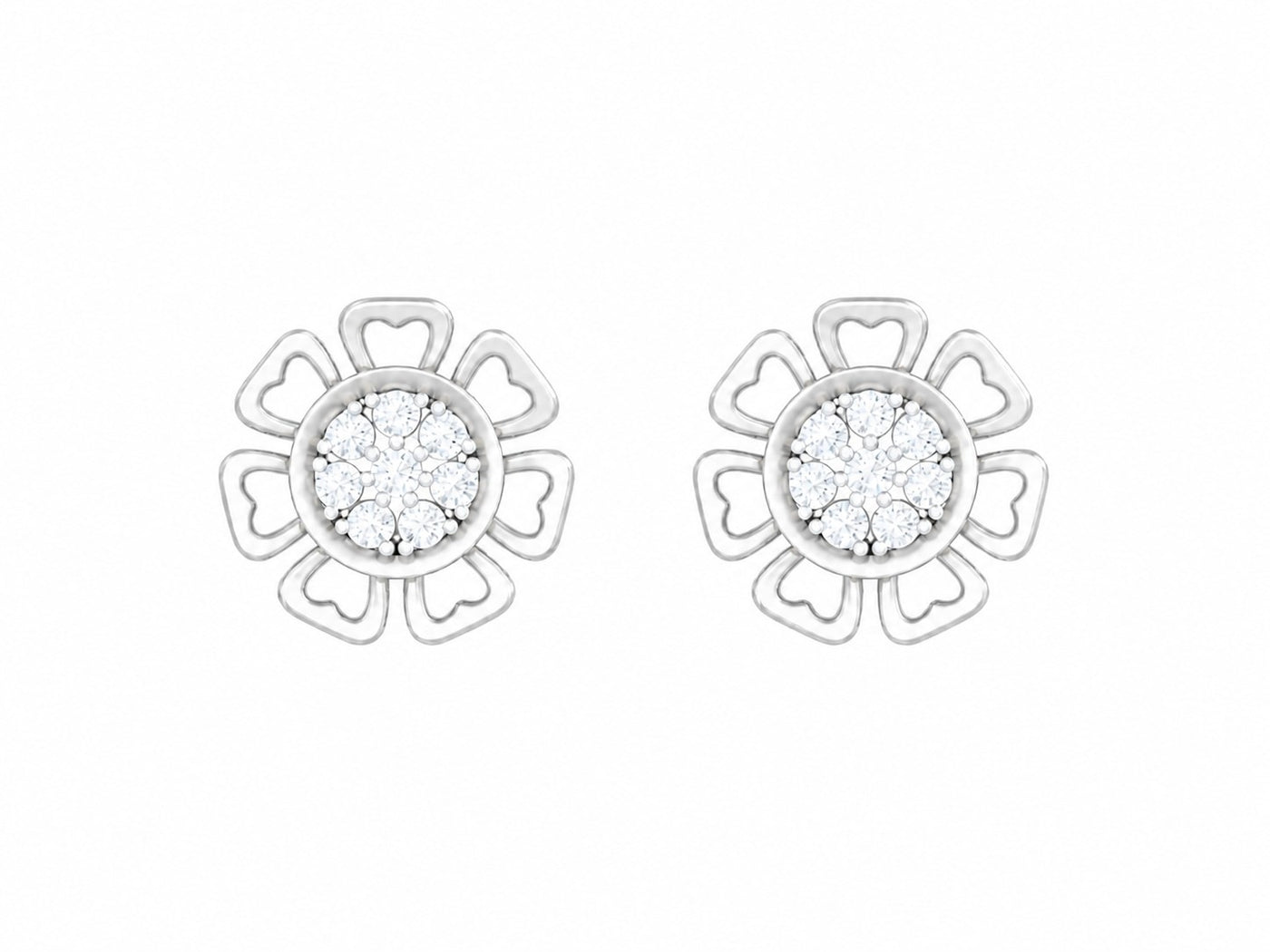 White gold and diamond stud earring with floral-design on a white background.