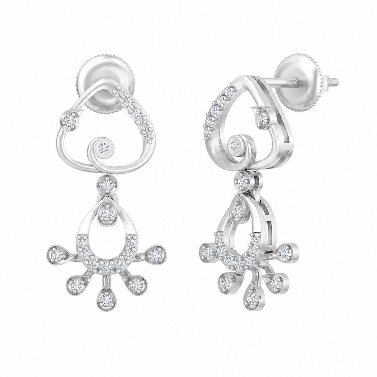 White gold and diamond drop earrings on a white background
