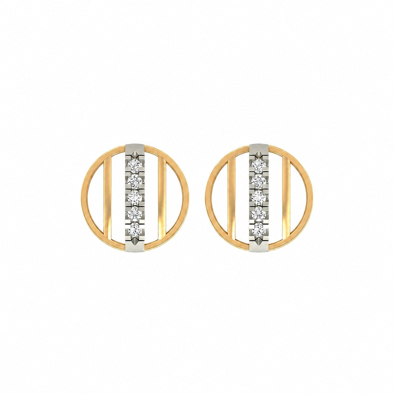Yellow gold and diamond round-shaped stud earring on a white background.