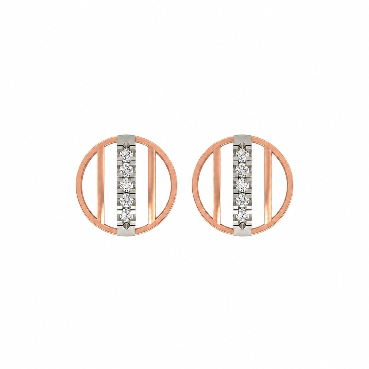 Rose gold and diamond round-shaped stud earring on a white background.
