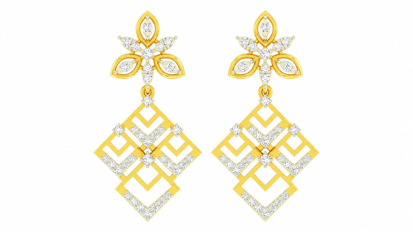 Yellow gold and diamond earrings on a white background
