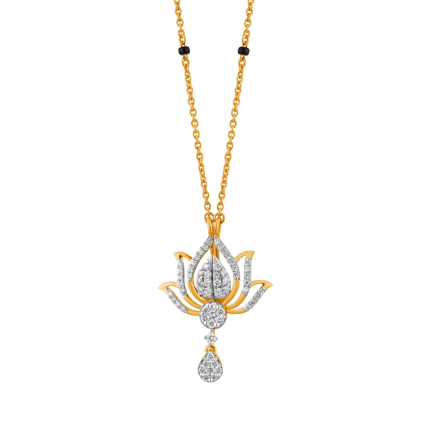 Yellow gold and diamond lotus-shaped design white background