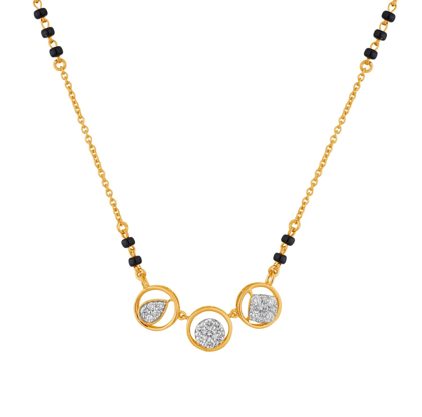 Yellow gold mangalsutra with circular design and black beads on a white background