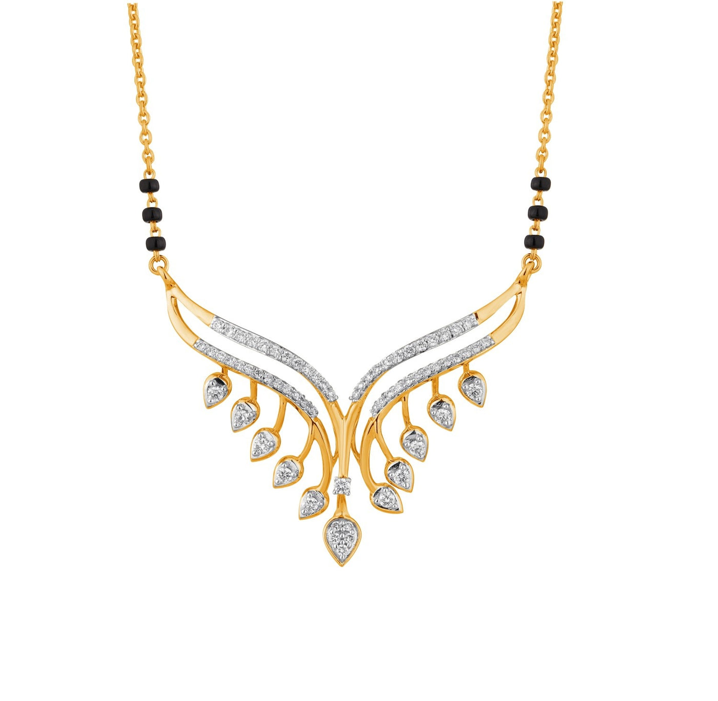 Yellow gold and diamond mangalsutra with black beads on a white background