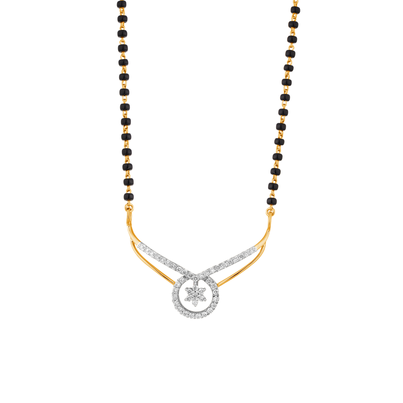 Yellow Gold and Diamond Mangalsutra with black beads on a white background