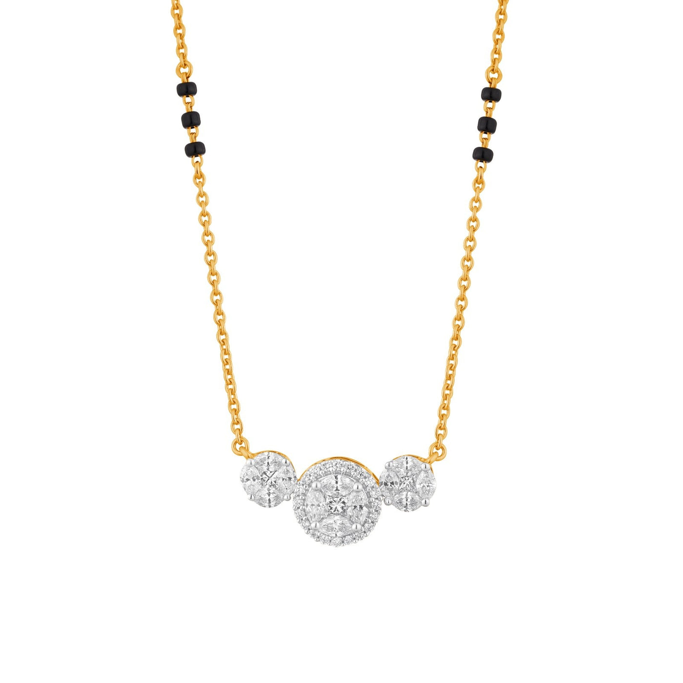 Yellow gold mangalsutra with diamond on a white background