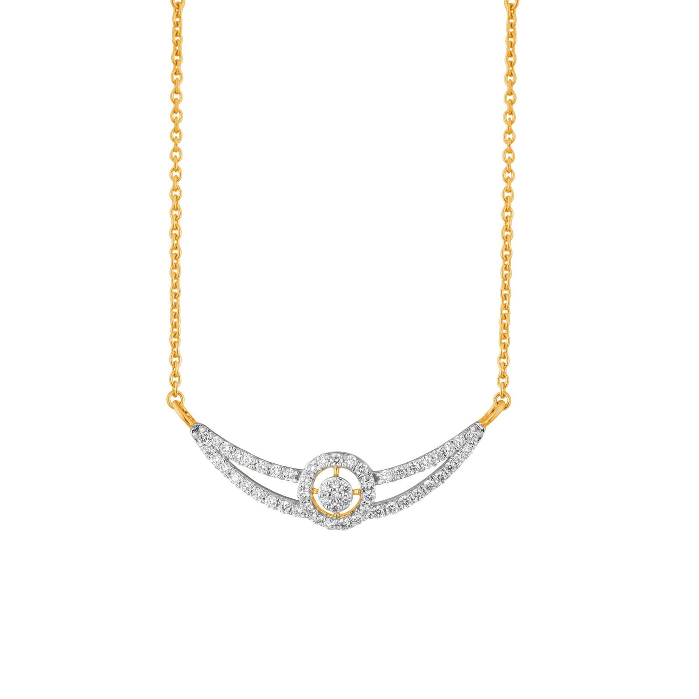 Yellow gold mangalsutra with a central diamond on a white background