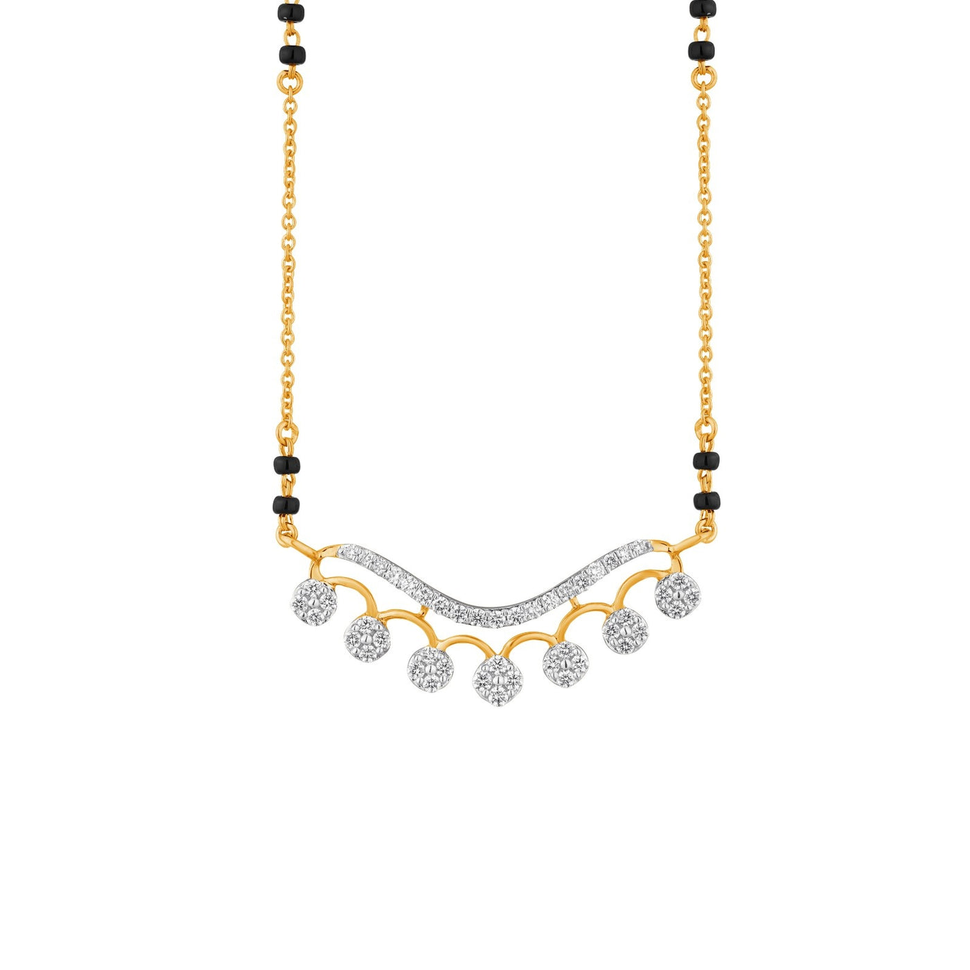 Yellow gold and diamond mangalsutra with black beads on a white background