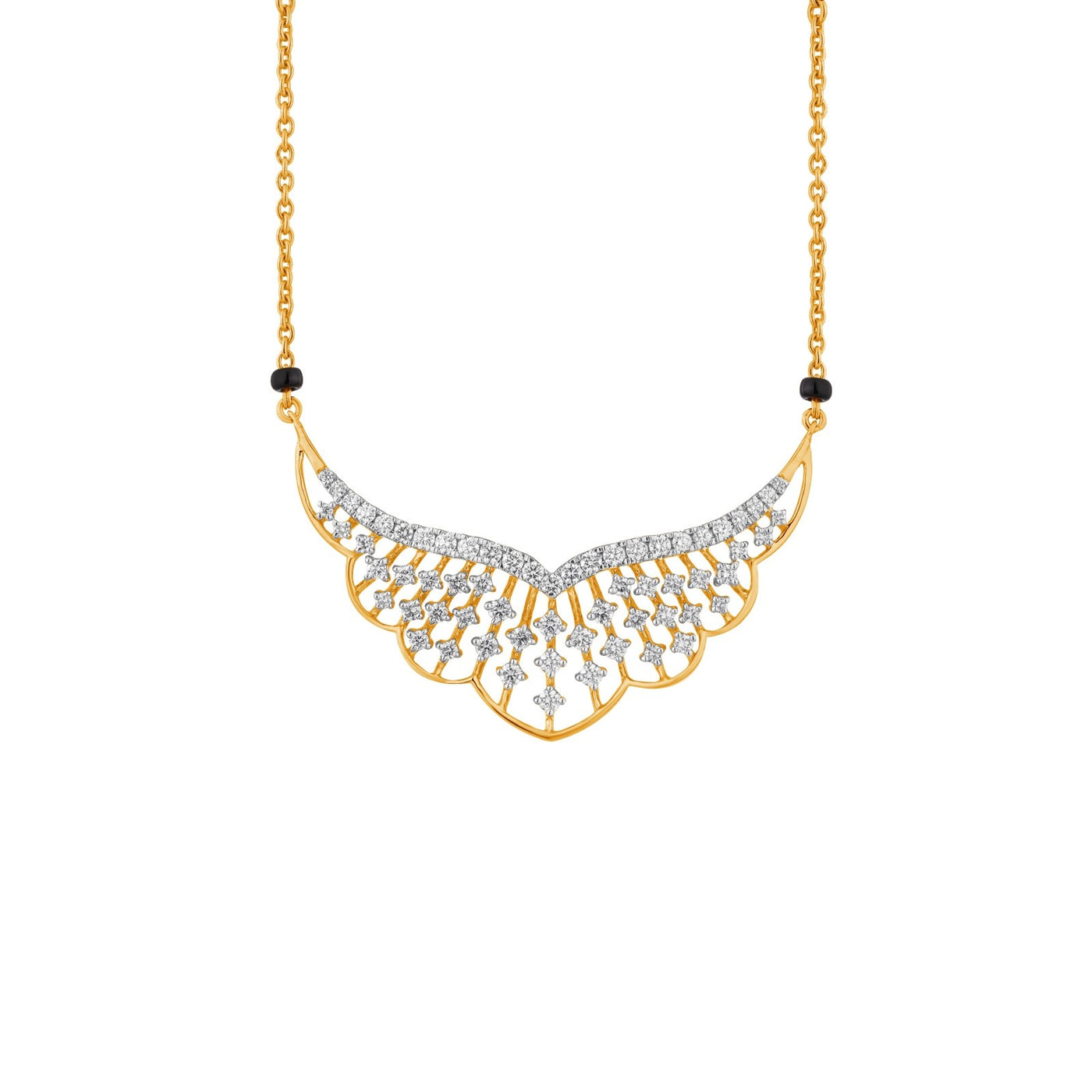 Yellow gold mangalsutra with diamond accents on a white background