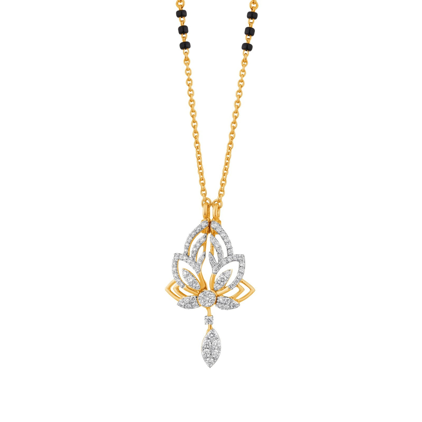 Yellow gold mangalsutra with diamond on a white background